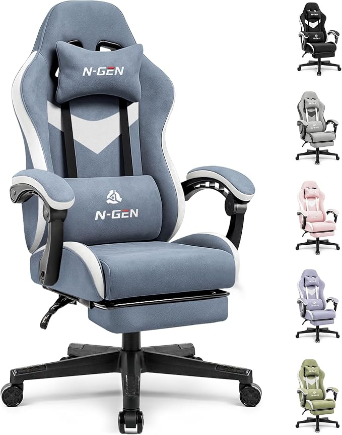 N-GEN GAMING Gaming Chair, Reclining Backrest, Footrest, Fabric, Blue | Ergonomic Design with Reclining Backrest, Linkage Armrests and High-Density Foam, Comfy Seating for Computer or Home Office by N-GENGAMING
