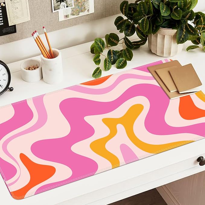 iCasso Large Mouse Pad (35.4x15.7 in), Keyboard Mouse Mat Desk Pad for Work | Desk Mat Gaming Mousepad with Stitched Edges, Game, Office, Home-Pink Topographic - Image 6