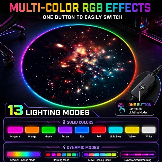 Gaming Chair Mat for Hardwood Floor Circle RGB Gaming Lights (Firework 47”) - Noise Cancelling, Anti-Slip Gamer Floor Mat – Scratch Resistant Computer Gaming Mat for Chair – Office Chair Mat - Image 2