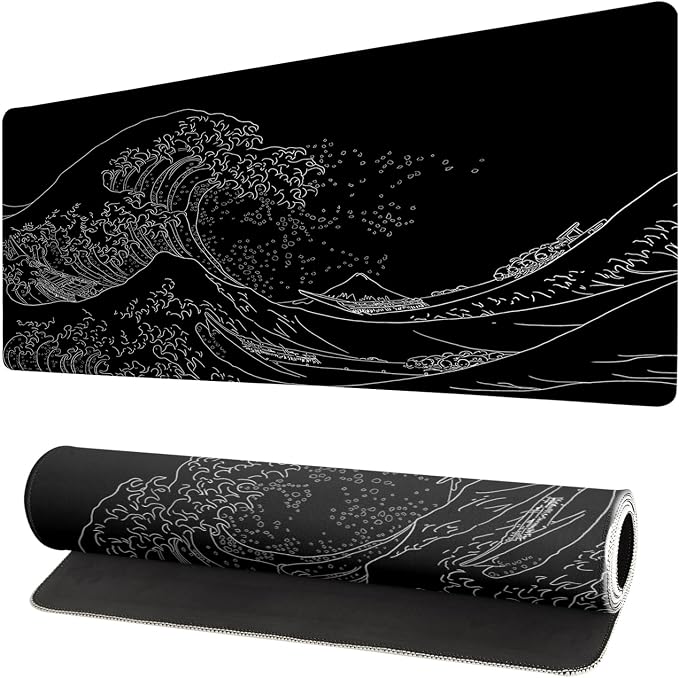 Extended Gaming Mouse Pad, Large Gaming Mouse Waterproof with Stitched Edges, Non-Slip Desktop Pad for Home and Office, Level Up Your 31.5x11.8 Inch… (Black Wave) by Brecoy
