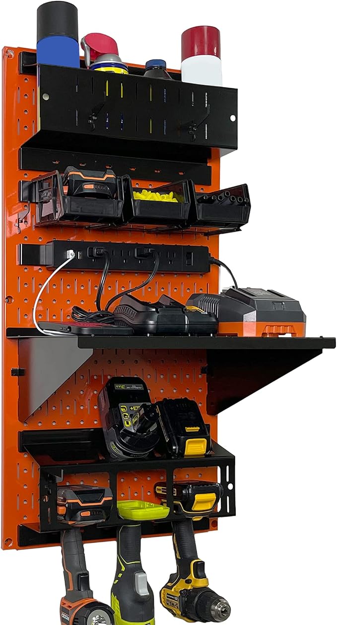 Wall Control Power Tool Storage Organizer Kit Cordless Drill Holder Charging Station Rack 16” x 32” Metal Pegboard Organization System (Orange Pegboard) by Wall+Control