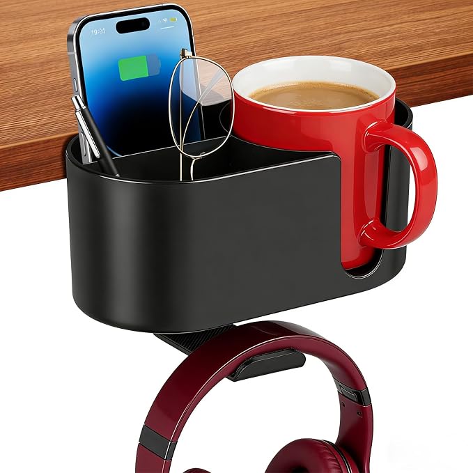 4 in 1 Desk Cup Holder, Clamp On Drink Holder with Headphone Hanger by MYITYARD