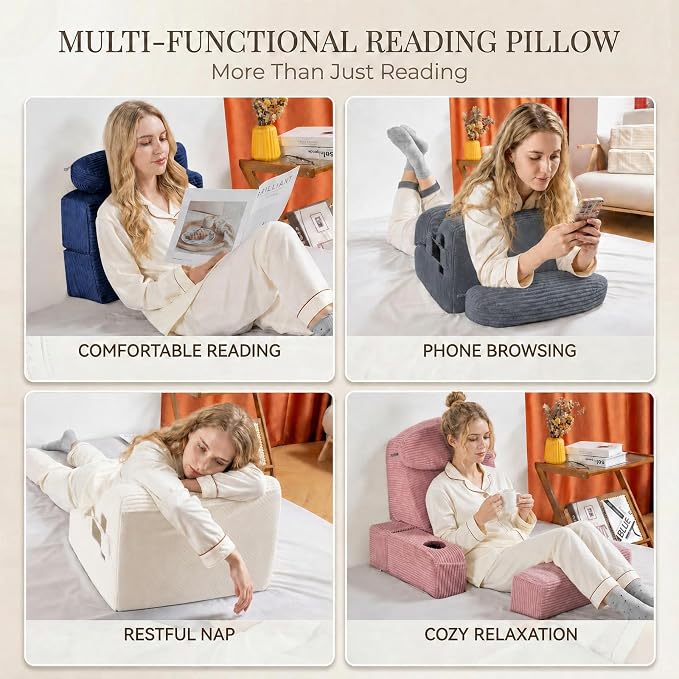 Reading Pillow for Adults, Back Pillow for Bed Sitting Up, Backrest Pillow for Sitting in Bed, Detachable Arms with Built-in Cup & Phone Caddy (Dark Navy-Corduroy, 19 INCH) - Image 7