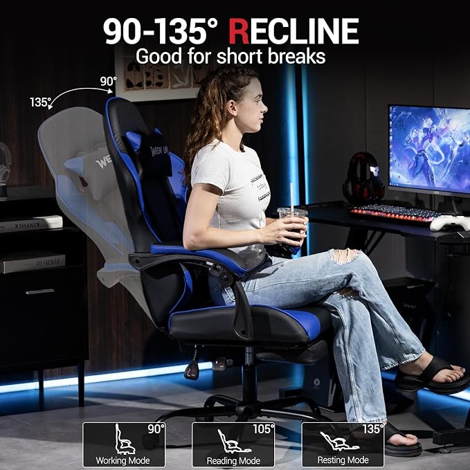 Gaming Chair with Footrest for Adults, PU Leather Massage Racing Video Game Chair with Lumbar Support for Men Women, Ergonomic Computer Gamer Chair for Home Office, Height Adjustable, Blue - Image 6