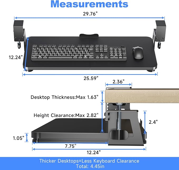 XINLEI Keyboard Tray Under Desk Large C-Clamp 25.6” (30” Including Clamps) x 11.8” Slide-Out Platform Computer Drawer Pull Out Keyboard & Mouse Tray Black DSF4 - Image 6