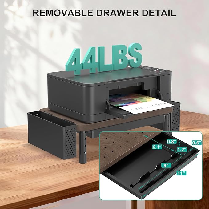 WALI Computer Monitor Stand with Storage and Pen Holder | 3 Height Adjustable Desk Organizer with Drawer, Desk Laptop Monitor Riser for Computer, Printer(PTT003-C), 1 Pack, Brown - Image 6