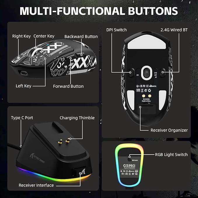 ATTACK SHARK G3 PRO Tri-Mode Wireless Gaming Mouse with RGB Charging Dock - Image 9