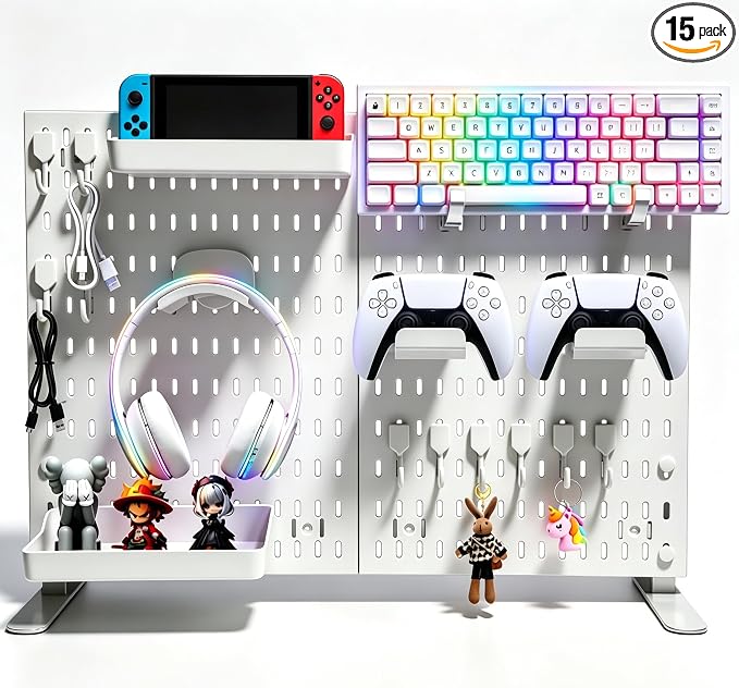 Gaming Desk Organizer, No-Drill Freestanding Desk Pegboard with Headphone Stand, Controller Holder, Keyboard Stand & Shelves, 5-in-1 Gaming Setup Accessories for Dorm Room & Home Office, White by Unknown