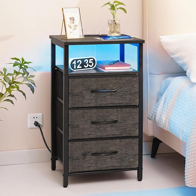 Yoobure Night Stand with Charging Station, 3 Fabric Drawers Nightstand, Bedside Tables with Storage Shelf, End Table with 16 Colors LED, Small Dresser for Small Space, Gray - Image 2