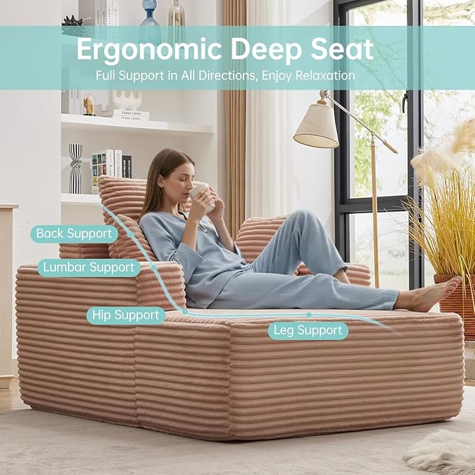 Boneless Chaise Lounge Chair, 54" Oversized Cloud Couch Sofa with Deep Seat, Plush Corduroy Reading Chair for Living Room, Bedroom, Reading Nook, Apartment, Gaming Room & Movie Nights, Pink - Image 3