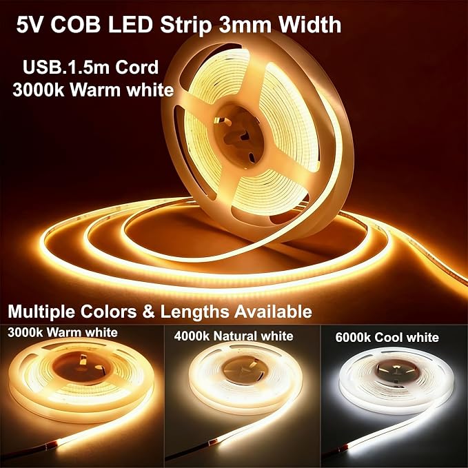 Ultra-Narrow 3mm USB COB LED Strip Lights Self-Adhesive, for Kitchen Cabinets, Bedroom, Gaming Desk (3000k Warm White, 4ft) - Image 6