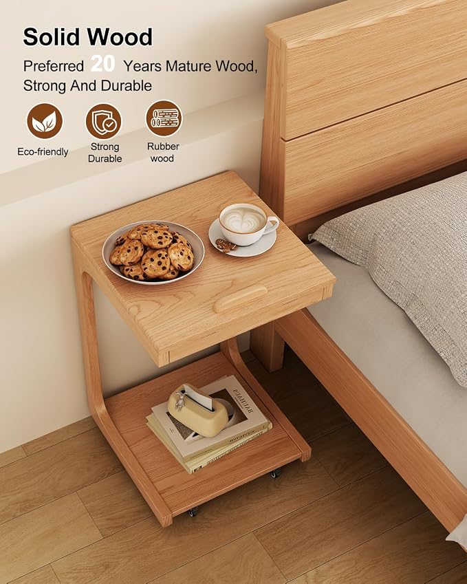 AQIMUELE Wooden C-Shaped End Table,Couch Table with Adjustable Desktop,Small Rolling Side Table with 2 Lockable Wheels,Small End Table for Couch, Living Room,Bedroom (Natural) - Image 4