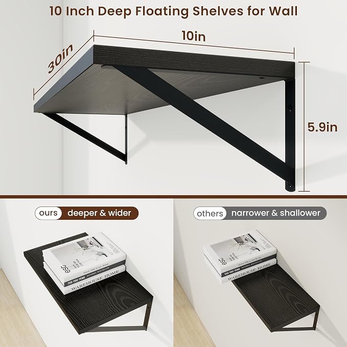 Axeman 30 Inch Floating Shelves, 10 Inch Deep Black Wall Shelves Set of 2 - Image 3