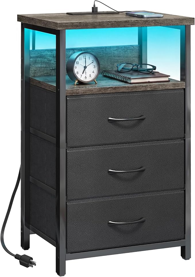 Fixwal Night Stand with 3 Fabric Drawers, Nightstand with Charging Station by Fixwal
