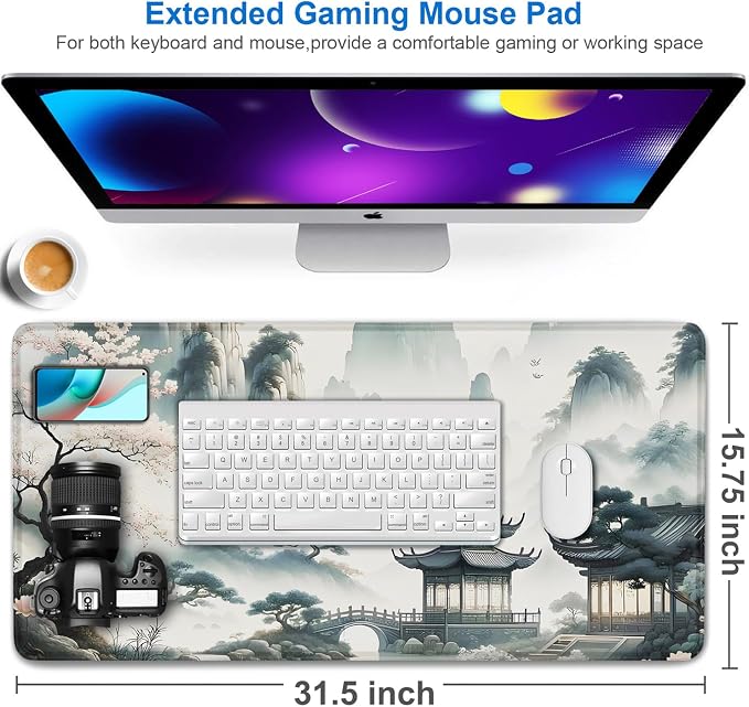 Large Gaming Mouse Pad, 31.5x15.7 inch Large Extended Computer Keyboard Mouse Mat, Water Resist Non-Slip Mousepad Rubber Base Long XXL Mouse Pad for Work & Gaming, Office & Home, Sakura Ancient City - Image 2