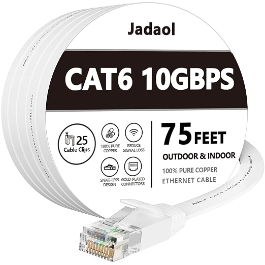 Jadaol Cat6 Ethernet Cable 75FT with Clips 10Gbps Flat Network Cable, White by Jadaol