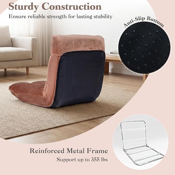 GIANTEX Floor Chair with 14-Position Adjustable, Couch Recliner (Beige) | Soft Flannel Fabric Cover, Heavy Duty Metal Support, Folding Gaming Floor Chair for Adults, Reading - Image 3