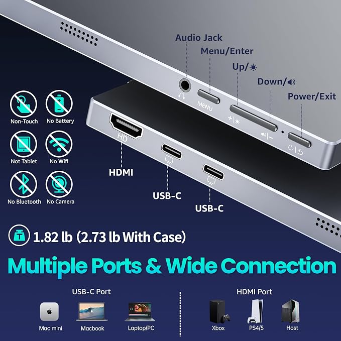 Upperizon Portable Monitor 15.6 inch FHD 85% sRGB 60Hz HDR HDMI USB-C Travel Monitor for Laptop MacBook PC Surface PS5 Xbox, External Display with Cover & Speakers, VESA Compatible - Image 7