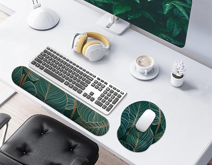 eulps Mouse Pad Wrist Support, Ergonomic Memory Foam Keyboard Wrist Pad & Gel Wrist Rest Set for Computer Keyboard for Easy Typing & Pain Relief for Office & Home (Tropical Plants Set) - Image 2