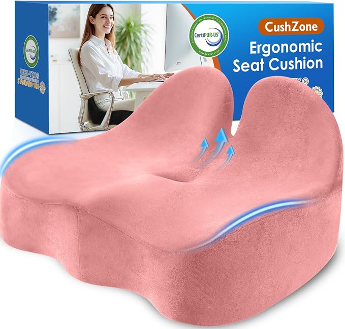 CushZone Ergonomic Seat Cushion, Sciatica Support for Office Chair, Pink | Large Size for Sciatica & Hip & Tailbone Pain Relief, Memory Foam Office Chair Cushion for Car, Long Trip, Desk Chair, Lab by CushZone