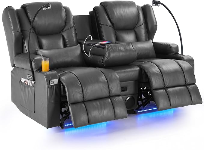 Redlife Power Loveseat Recliner Sofa with Console, Blue LED Lights by Redlife