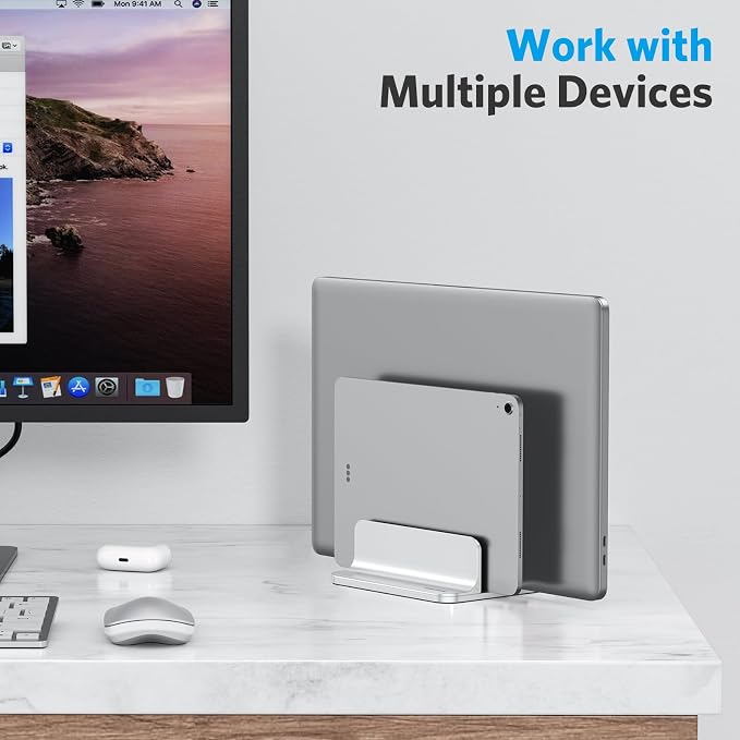 OMOTON Dual Vertical Desk Laptop Stand Holder, Fits MacBook Air/Pro, Silver - Image 8