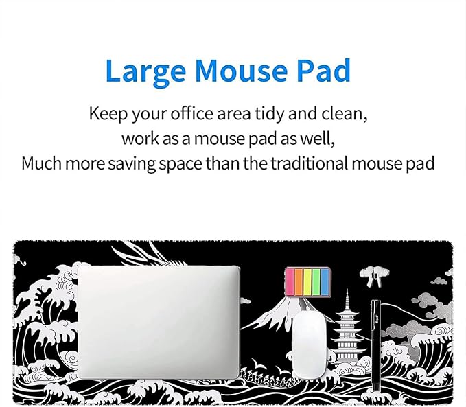 Dragon Desk Mat Gaming Mouse Pad Black White Japanese Sea Wave Extended Gaming Mouse Pad Mat with Stitched Edge Non-Slip Base Big Mouse Pad Office Computer Keyboard Laptop Home 31.5"x11.8" - Image 7