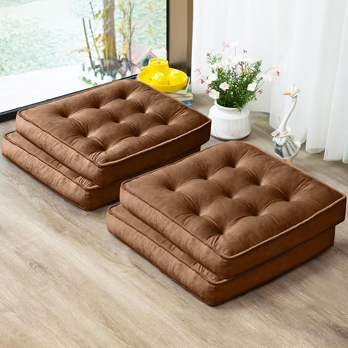 1 MIDDLE ONE Floor Pillow Set of 4, Memory Foam Meditation Cushion, Floor Cushions for Adults Sitting, Large Square Seat Cushions for Yoga, Living Room, 20x20 Inch (Brown) by 1MIDDLEONE