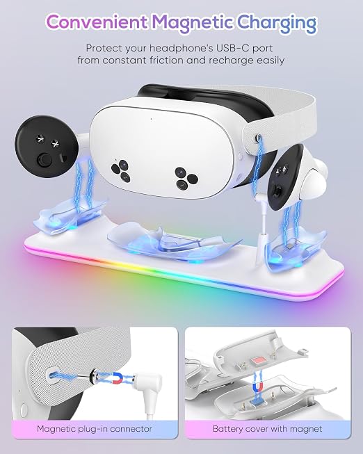 Charging Dock for Meta Quest 3S/3, Kinwin Magnetic Charging Station for Oculus Quest 3S/3 Accessories with RGB Light, Charging Stand for VR Headset & Controller with 2 Rechargeable Batteries (White) - Image 7
