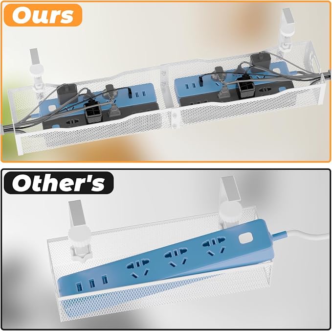 Under Desk Cable Management Tray, No Drill Steel Desk Cable Organizers, Wire Management Tray Cable Management Rack (24.4" Length-White) - Image 2