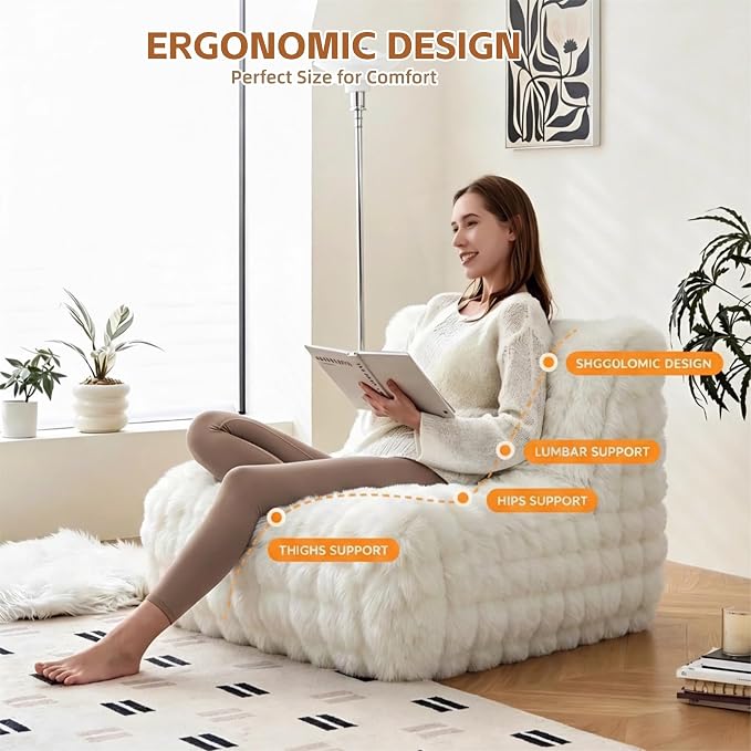 Cozy Memory Foam Faux Fur Floor Bean Bag Chair, White | Soft fluffy faux fur exterior, memory foam padded bean bag, versatile lounge seat for bedroom decor & leisure use - Image 4
