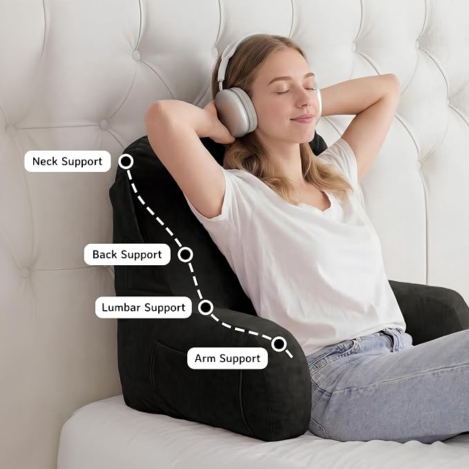 Unisakey Portable Comfy Reading Pillows for Bed Sitting Up(Grey Oeko-Tex), Velvet Back Pillow with Arms & Pockets for Adults, Support Memory Foam Bed Pillow for Dorm/Reading/Watching/Gaming - Image 5