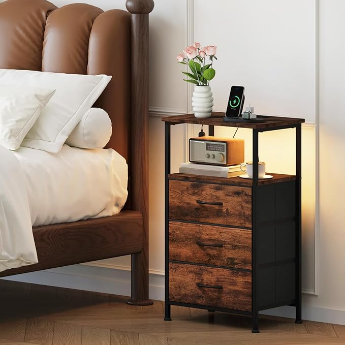 Somdot Nightstands Set of 2 with 3 Drawers, Charging Station & LED Light - Image 2