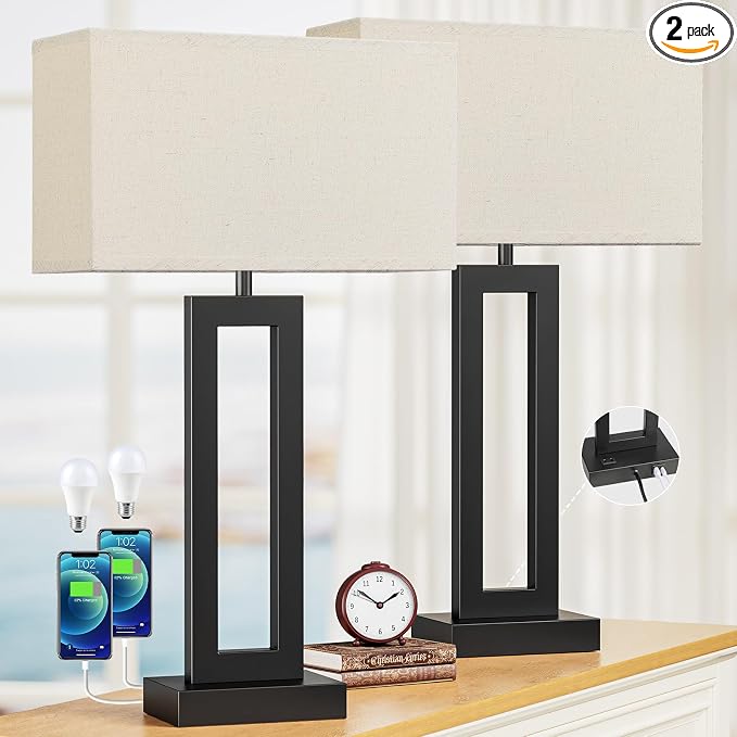 Seealle 26.3in Big Bedroom Table Lamps Set of 2 -Touch Control, 3 Way Dimmable, USB C+A Charging, LED Bulbs, Easy Assembly by SeealleLighting