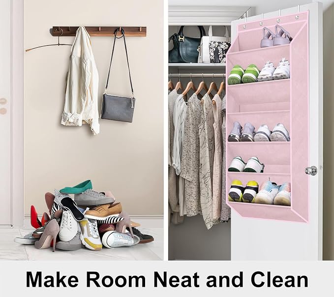 SLEEPING LAMB Over The Door Shoe Organizer for Closet with Large Deep Pockets, Narrow Shoe Rack for Door Hanging Boots Storage, Pink - Image 6