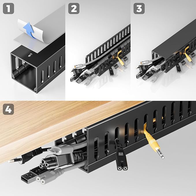 Yecaye 62.8in(4x15.7in) No-Drill Large Cable Management, Under Desk Cord Organizer with Adhesive, Open Slot Cable Raceway for Home/Office/Network, Black - Image 9