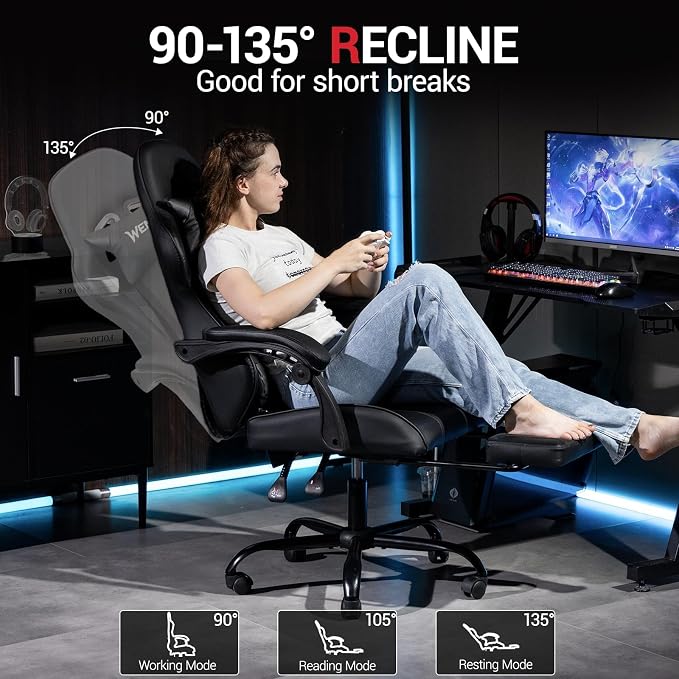 Gaming Chair with Footrest for Adults, PU Leather Massage Racing Video Game Chair with Lumbar Support for Men Women, Ergonomic Computer Chair for Home Office, Height Adjustable, Black - Image 7