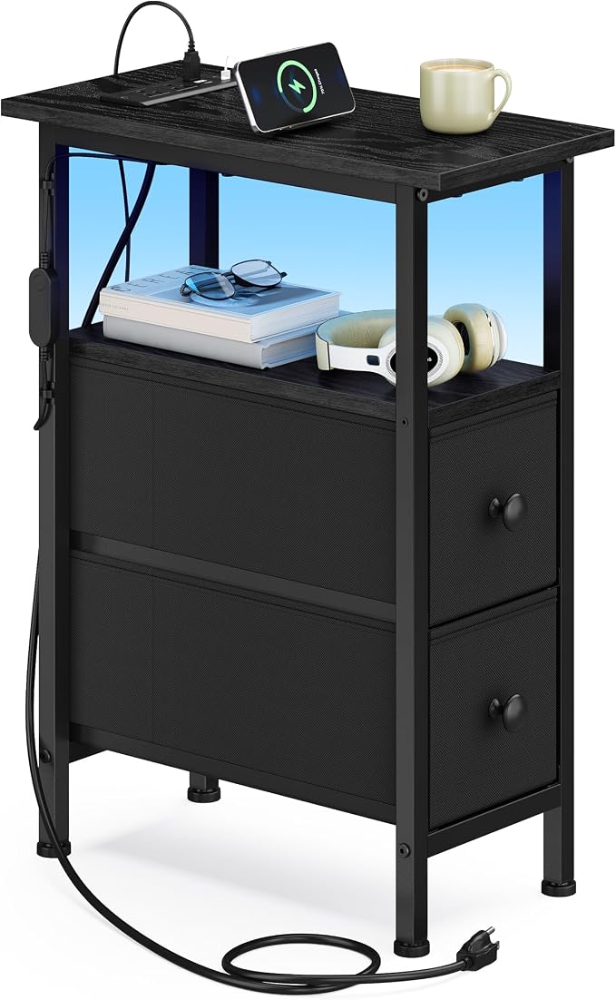 SONGMICS Side Table with LED Light, Narrow End Table with 2 Fabric Drawers by SONGMICSbySONGMICSHOME
