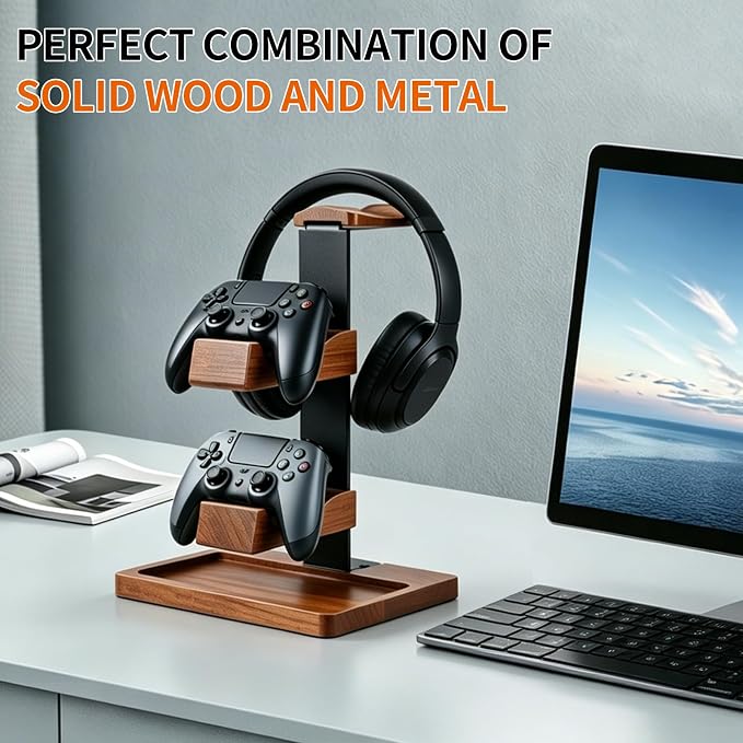 Headset Stand with Gaming Controller Holder, Wood Headphone Stand with Storage Base, Gaming Equipment Accessories for Desk - Image 9