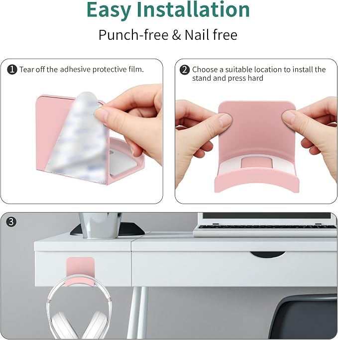 HomeMount Headphone Stand Headset Holder - Adhesive Gaming Headphone Hanger Hook Desk Mount for Most Headphone & Controller (Pink 2Pack) | Space-saving headphone hanger and wall mount alternative, durable ABS with non-slip pad, supports up to 1 kg - Image 4