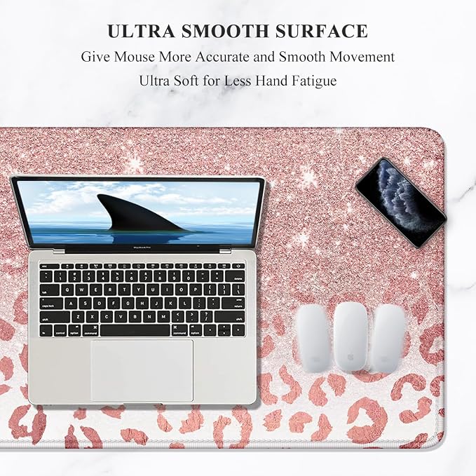 Auhoahsil Large Mouse Pad, XXL Desk Pad, Extened 35" x 15", Non-Slip Rubber Base, Stitched Edges, Superior Surface, Waterproof Keyboard Mat, Large Mousepad for Gamer, Office & Home, Pink Gold Leopard - Image 3
