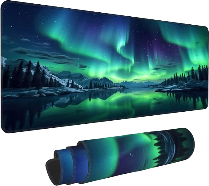 Green Aurora Desk Mat, XL 31.5"x11.8" Large Mouse Pad, Aesthetic Extended Gaming Mouse Mat,Non-Slip Rubber Base Waterproof with Stitched Edges for Gaming Office Home Decor by Unknown