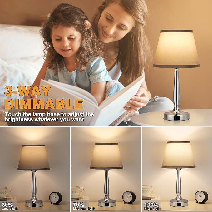 Kakanuo Touch Table Lamp for Bedroom, Small Bedside Lamp with USB C Charging Port, 3 Way Dimmable Touch Control Nightstand Lamp for Living Room and Office, Gray Shade and Silver Base - Image 5