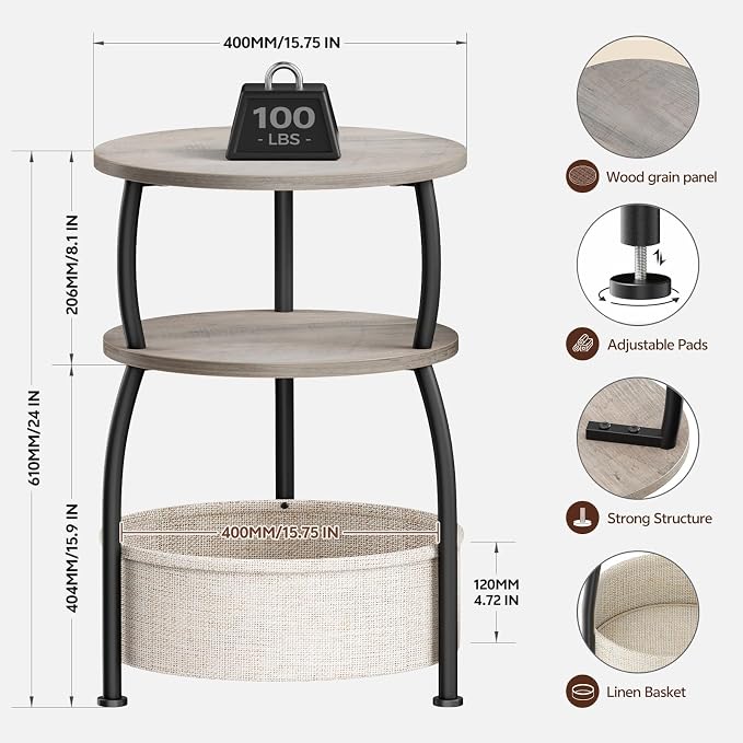 Round Side Table with Storage Basket, End Table Living Room, Greige - Image 9