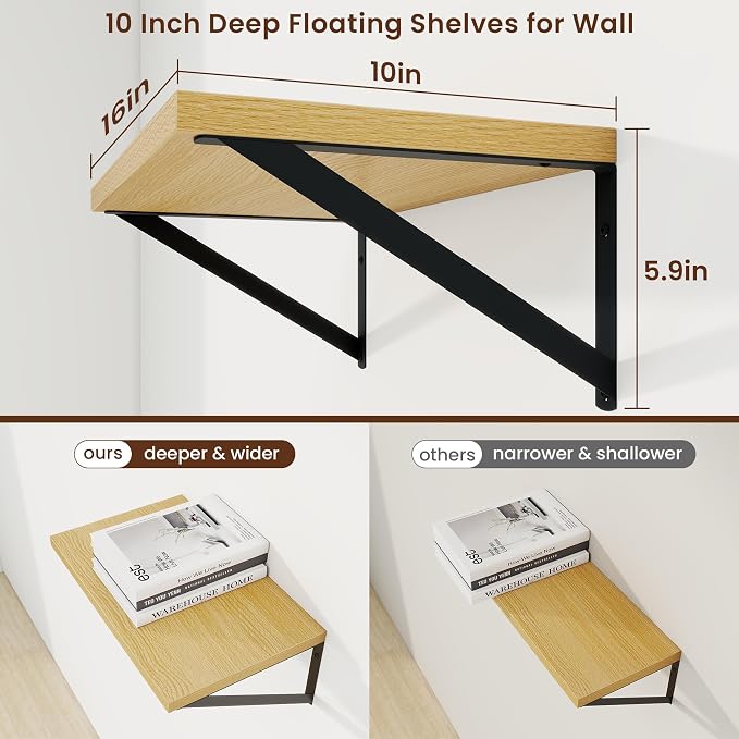 Axeman Deep Floating Shelves, 16'' x 10'' Oak Wall Shelves Set of 2 - Image 3