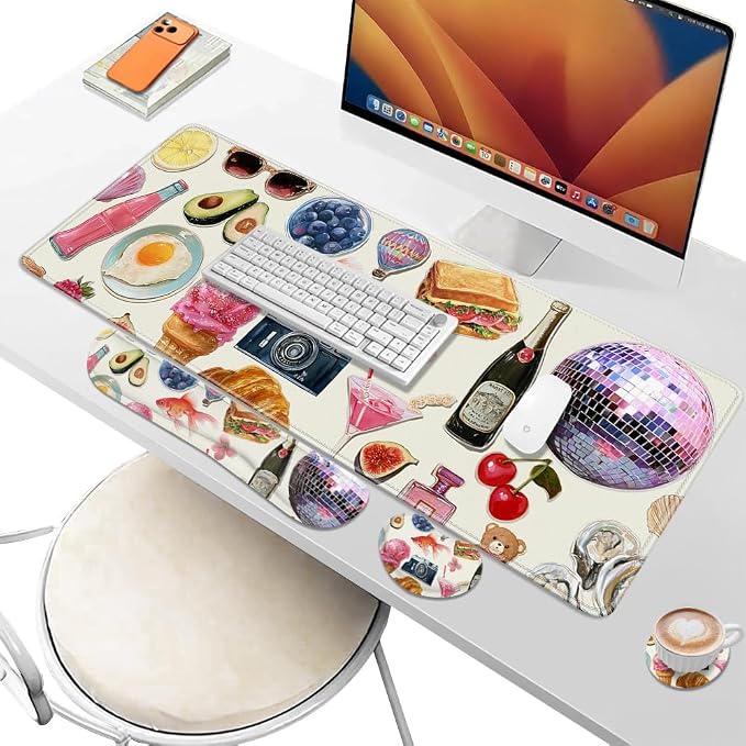 Desk Pad and Keyboard Wrist Rest, Large Mouse Pad + Keyboard Pad+Mouse Wrist Support, Non-Slip Desk Mat Protector for Office, Home 31.5×11.8 Inches Pink Girly - Image 6