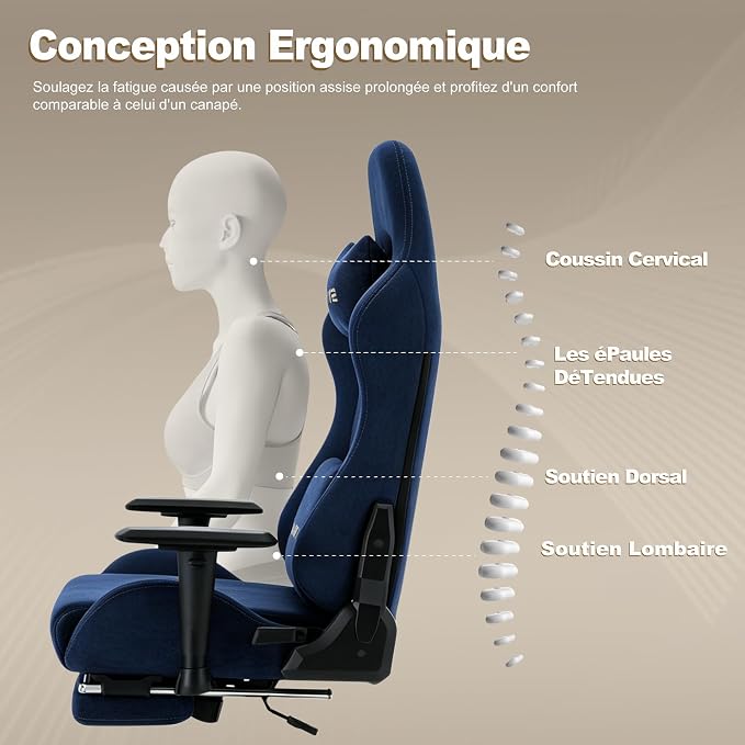 Symino Gaming Chair, High Back Ergonomic Office Chair with 2D Adjustable Armrests, 150° Recline, Breathable Faux Suede, Adjustable Headrest & Footrest for Home Office - Image 5