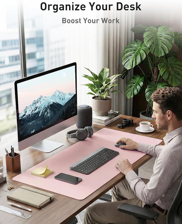 Aothia Faux Leather Desk Mat - Non-Slip PU Leather Desk Blotter, Waterproof Writing Surface, Large Desk Pad for Office & Home (Fairy Pink, 55" x 17") - Image 3