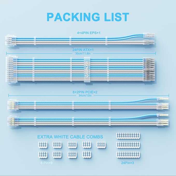 Sirlyr PSU Cable Extension,Customed Pre-Bend PC Power Supply Cable,1x 24 Pin ATX / 1x 8 (4+4) Pin EPS/Longer 2X 8 (6+2) Gold-Plated Pin Pcie,Nylon Sleeved Blue White,4 Kits - Image 8