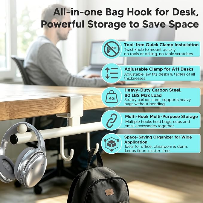 Heavy-Deauty Bag Hook for Desk,Adjustable Desk Hook - Image 2